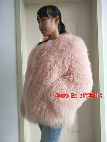 Women real mongolian sheep fur coat ladies leather short style beach wool fur jacket female outerwear