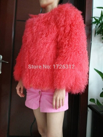 Women real mongolian sheep fur coat ladies leather short style beach wool fur jacket female outerwear