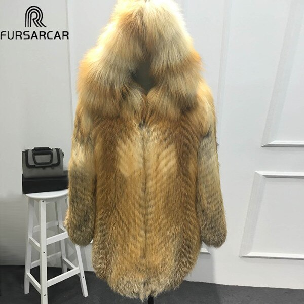 FURSARCAR Natural Fox Fur Coat Women Winter Luxury Silver Fox Fur Outwear 2019 New Fashion thick Gold Fox Fur Coat with Fur Hood