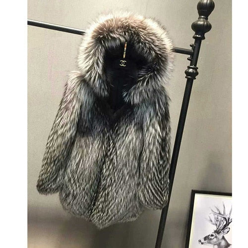 FURSARCAR Natural Fox Fur Coat Women Winter Luxury Silver Fox Fur Outwear 2019 New Fashion thick Gold Fox Fur Coat with Fur Hood