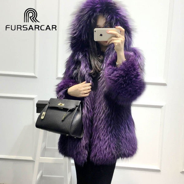 FURSARCAR Natural Fox Fur Coat Women Winter Luxury Silver Fox Fur Outwear 2019 New Fashion thick Gold Fox Fur Coat with Fur Hood