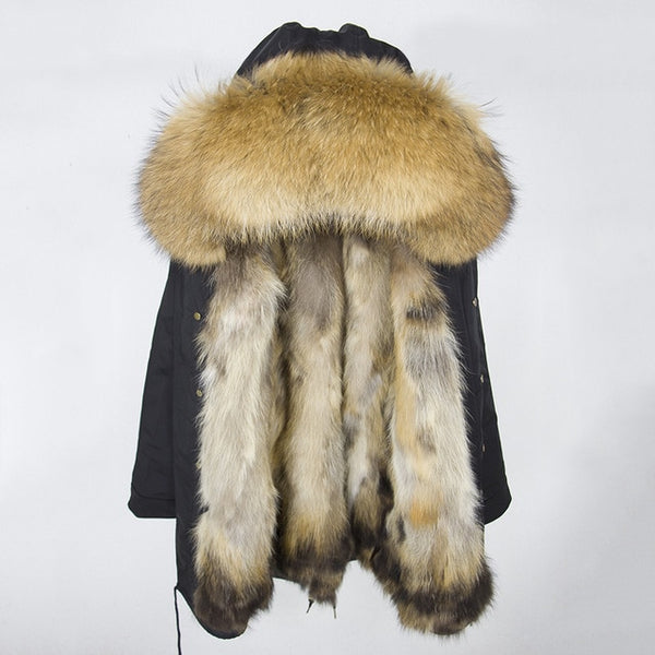 2019 Real Fur Coat Winter Jacket Women Long Parka Waterproof Big Natural Raccoon Fur Collar Hood Thick Warm Real Fox Fur Liner