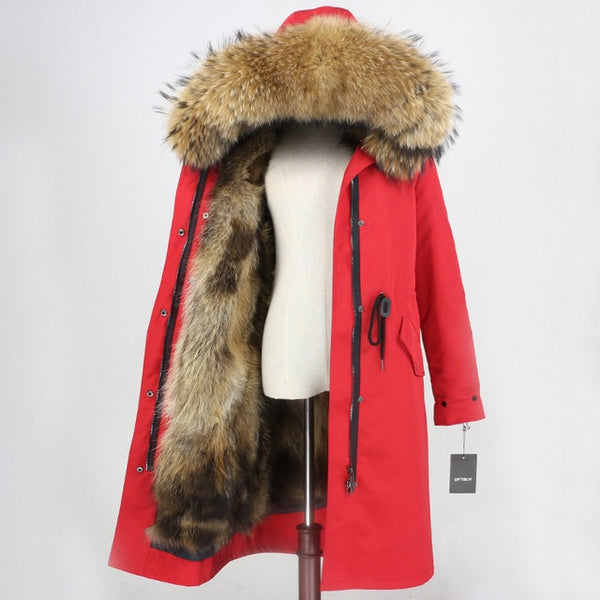 2019 Real Fur Coat Winter Jacket Women Long Parka Waterproof Big Natural Raccoon Fur Collar Hood Thick Warm Real Fox Fur Liner