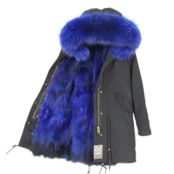 2019 Real Fur Coat Winter Jacket Women Long Parka Waterproof Big Natural Raccoon Fur Collar Hood Thick Warm Real Fox Fur Liner