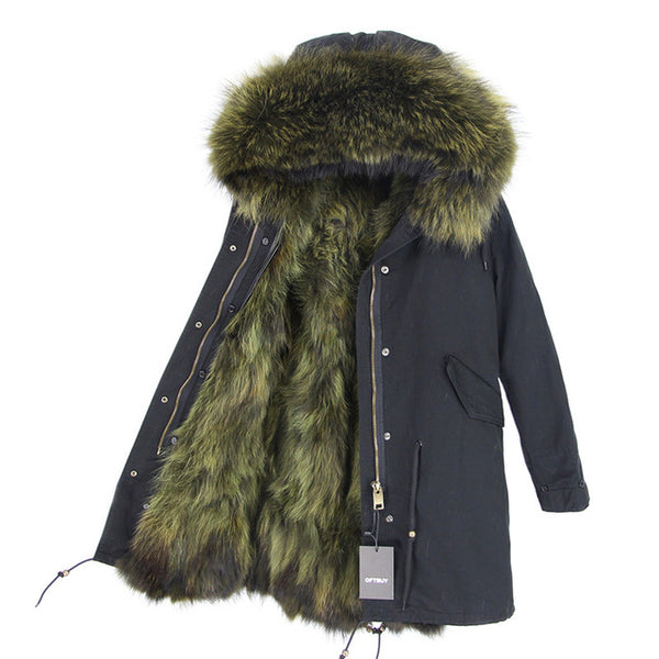 2019 Real Fur Coat Winter Jacket Women Long Parka Waterproof Big Natural Raccoon Fur Collar Hood Thick Warm Real Fox Fur Liner