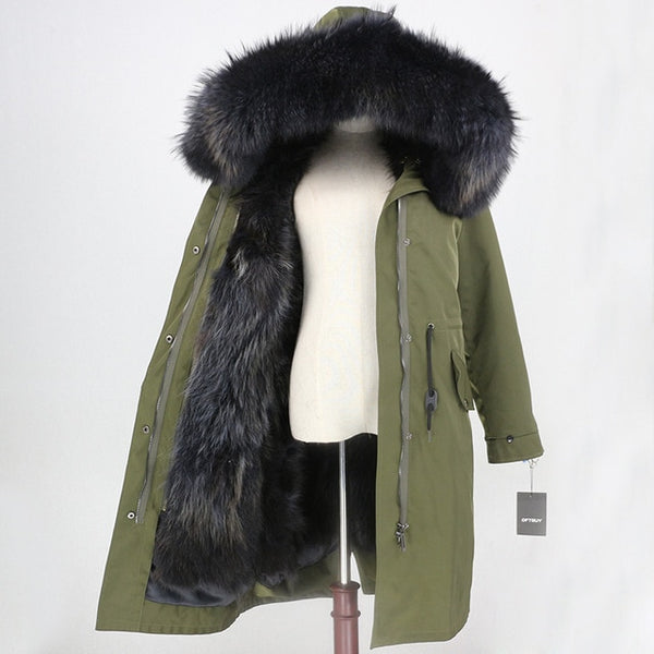 2019 Real Fur Coat Winter Jacket Women Long Parka Waterproof Big Natural Raccoon Fur Collar Hood Thick Warm Real Fox Fur Liner