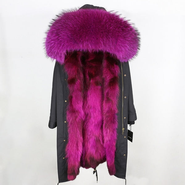 2019 Real Fur Coat Winter Jacket Women Long Parka Waterproof Big Natural Raccoon Fur Collar Hood Thick Warm Real Fox Fur Liner