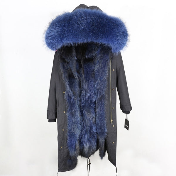 2019 Real Fur Coat Winter Jacket Women Long Parka Waterproof Big Natural Raccoon Fur Collar Hood Thick Warm Real Fox Fur Liner