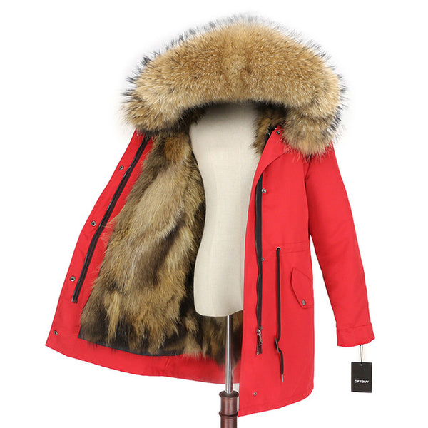 2019 Real Fur Coat Winter Jacket Women Long Parka Waterproof Big Natural Raccoon Fur Collar Hood Thick Warm Real Fox Fur Liner