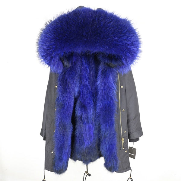2019 Real Fur Coat Winter Jacket Women Long Parka Waterproof Big Natural Raccoon Fur Collar Hood Thick Warm Real Fox Fur Liner