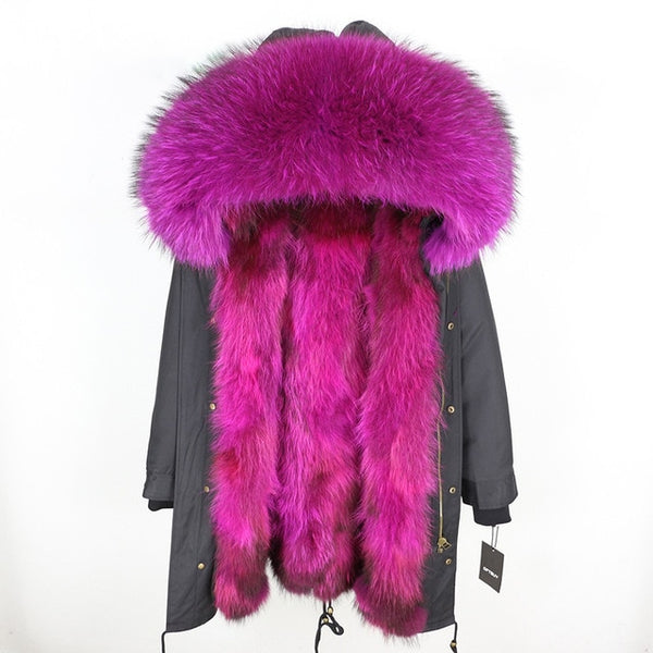 2019 Real Fur Coat Winter Jacket Women Long Parka Waterproof Big Natural Raccoon Fur Collar Hood Thick Warm Real Fox Fur Liner