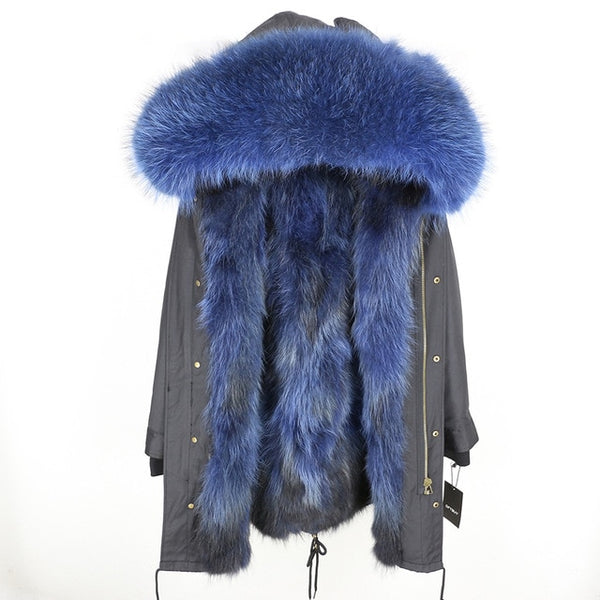 2019 Real Fur Coat Winter Jacket Women Long Parka Waterproof Big Natural Raccoon Fur Collar Hood Thick Warm Real Fox Fur Liner