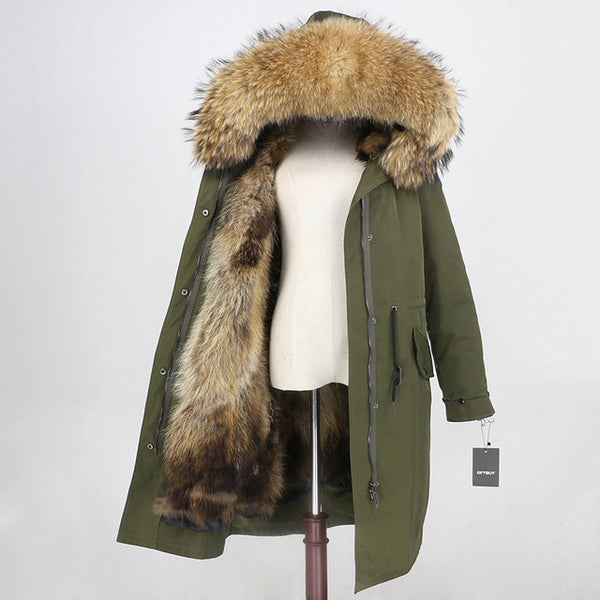 2019 Real Fur Coat Winter Jacket Women Long Parka Waterproof Big Natural Raccoon Fur Collar Hood Thick Warm Real Fox Fur Liner