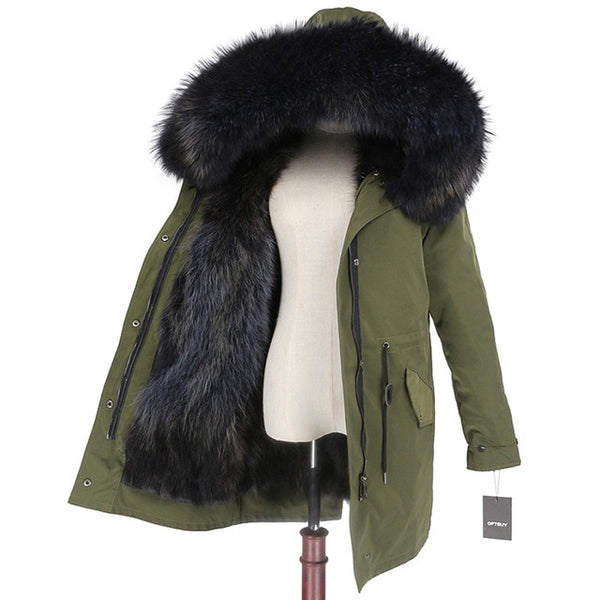2019 Real Fur Coat Winter Jacket Women Long Parka Waterproof Big Natural Raccoon Fur Collar Hood Thick Warm Real Fox Fur Liner