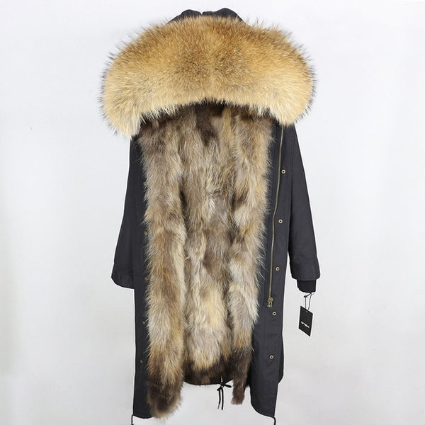2019 Real Fur Coat Winter Jacket Women Long Parka Waterproof Big Natural Raccoon Fur Collar Hood Thick Warm Real Fox Fur Liner