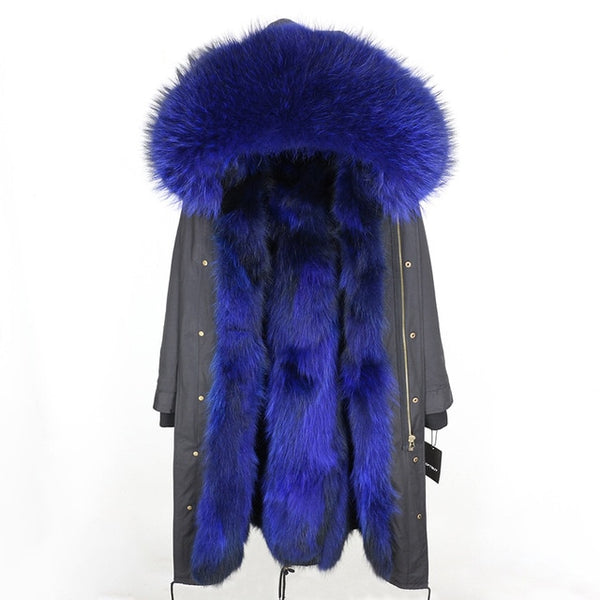 2019 Real Fur Coat Winter Jacket Women Long Parka Waterproof Big Natural Raccoon Fur Collar Hood Thick Warm Real Fox Fur Liner