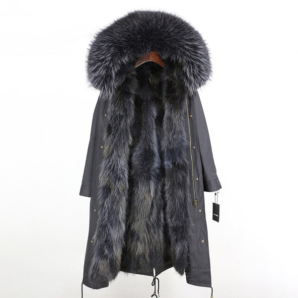 2019 Real Fur Coat Winter Jacket Women Long Parka Waterproof Big Natural Raccoon Fur Collar Hood Thick Warm Real Fox Fur Liner