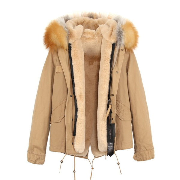JAZZEVAR 2019 woman army green Large raccoon fur collar hooded coat parkas outwear 2 in 1 detachable lining winter jacket