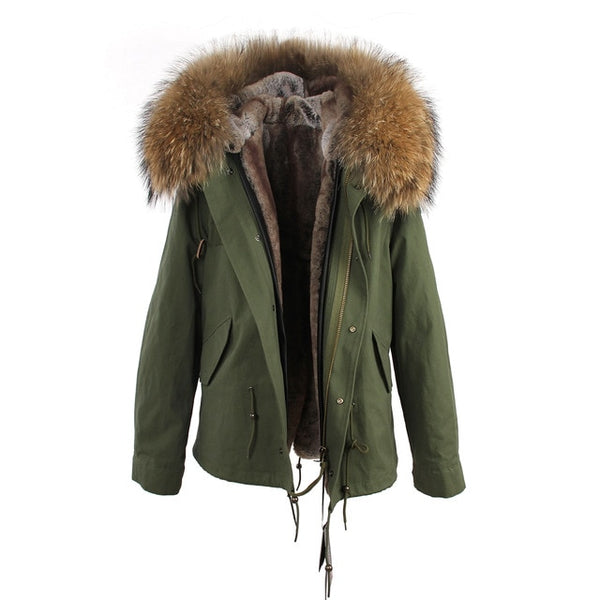 JAZZEVAR 2019 woman army green Large raccoon fur collar hooded coat parkas outwear 2 in 1 detachable lining winter jacket