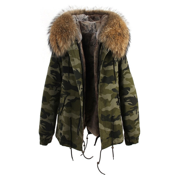 JAZZEVAR 2019 woman army green Large raccoon fur collar hooded coat parkas outwear 2 in 1 detachable lining winter jacket