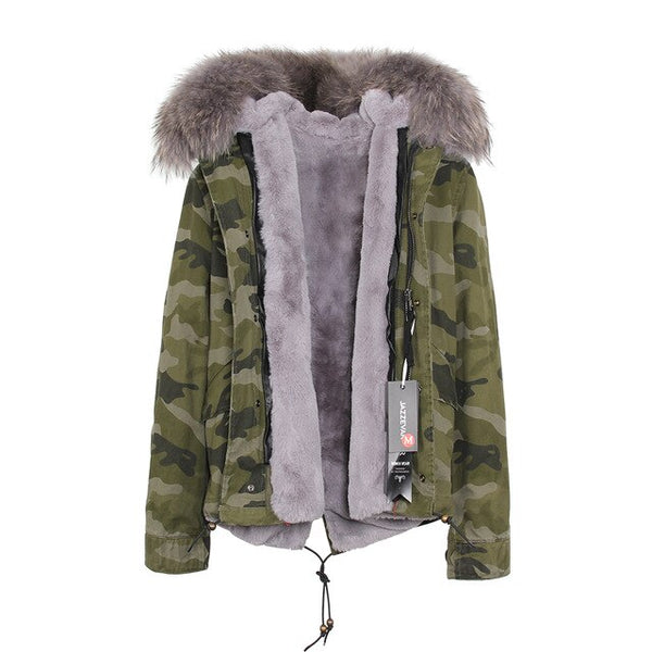 JAZZEVAR 2019 woman army green Large raccoon fur collar hooded coat parkas outwear 2 in 1 detachable lining winter jacket