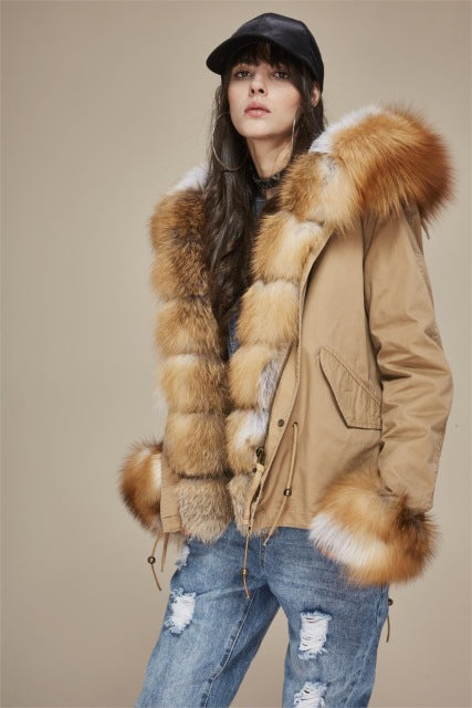 JAZZEVAR 2019 New Fashion Women's Luxurious Large Real Fox Fur Collar Cuff Hooded Coat Short Parkas Outwear Winter Jacket