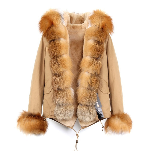 JAZZEVAR 2019 New Fashion Women's Luxurious Large Real Fox Fur Collar Cuff Hooded Coat Short Parkas Outwear Winter Jacket