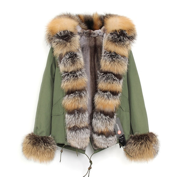 JAZZEVAR 2019 New Fashion Women's Luxurious Large Real Fox Fur Collar Cuff Hooded Coat Short Parkas Outwear Winter Jacket