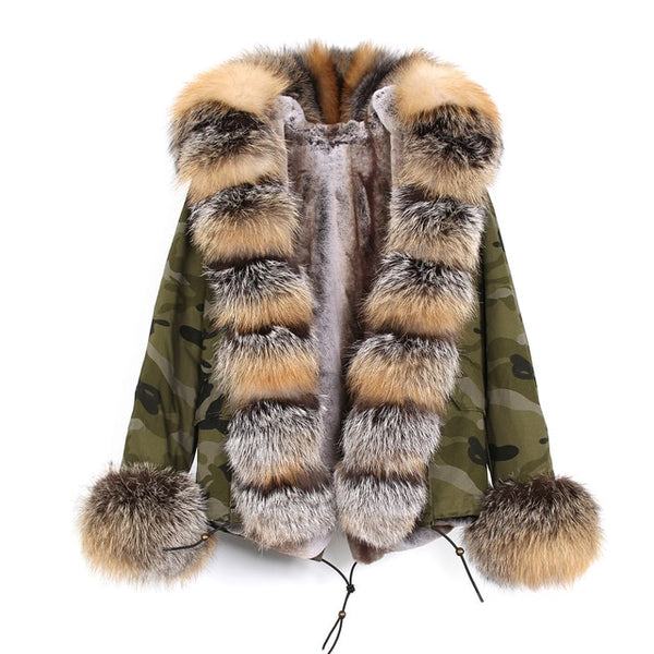 JAZZEVAR 2019 New Fashion Women's Luxurious Large Real Fox Fur Collar Cuff Hooded Coat Short Parkas Outwear Winter Jacket