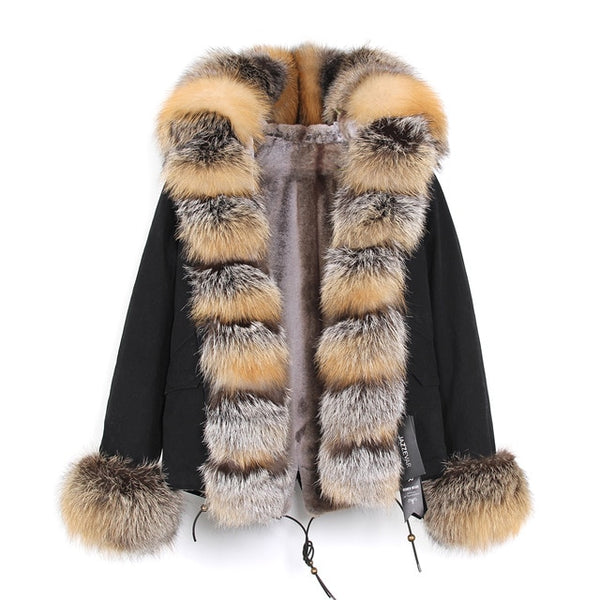 JAZZEVAR 2019 New Fashion Women's Luxurious Large Real Fox Fur Collar Cuff Hooded Coat Short Parkas Outwear Winter Jacket