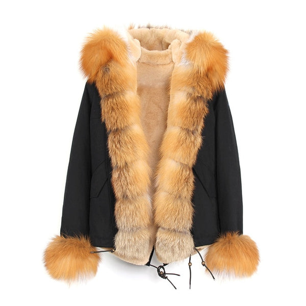 JAZZEVAR 2019 New Fashion Women's Luxurious Large Real Fox Fur Collar Cuff Hooded Coat Short Parkas Outwear Winter Jacket