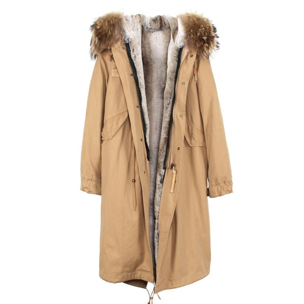 JAZZEVAR 2019 New Fashion Women's X-Long parka large real racoon fur Hooded Coat Outwear natural color Military Winter Jacket