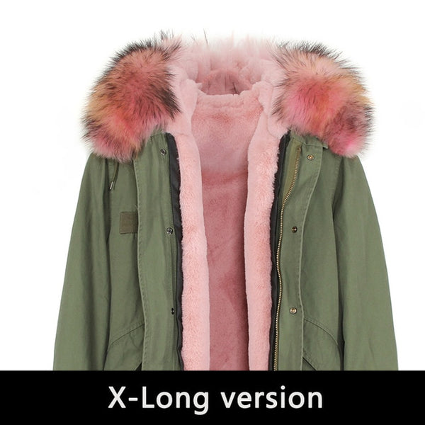 JAZZEVAR 2019 New Fashion Women's X-Long parka large real racoon fur Hooded Coat Outwear natural color Military Winter Jacket