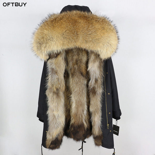 2019 Real Fur Coat Winter Jacket Women Long Parka Waterproof Big Natural Raccoon Fur Collar Hood Thick Warm Real Fox Fur Liner
