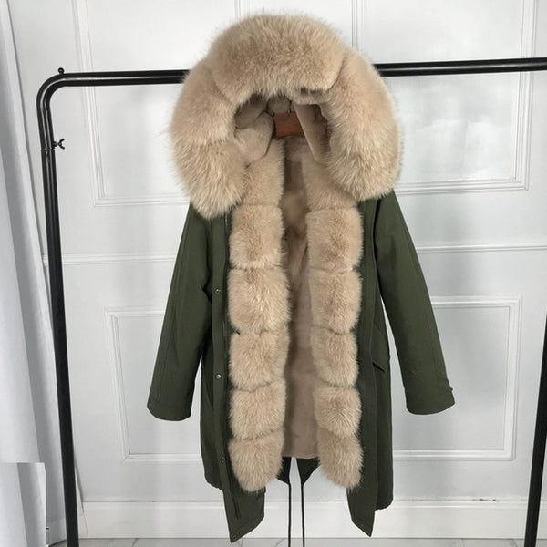 Luxurious real fur coat New Fashion Woman Real rabbit fur lining  Parka  Large warm fox fur Hooded Coat Outwear   Winter Jacket