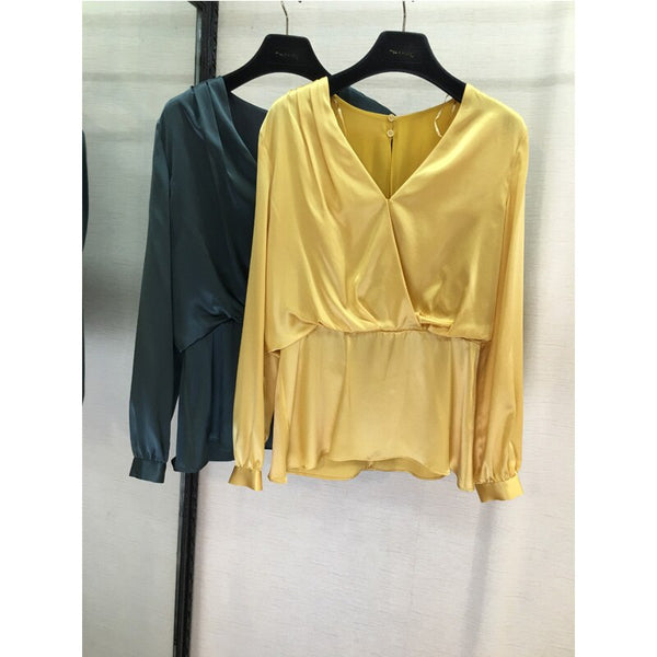 Silk fashion temperament V-neck long-sleeved top