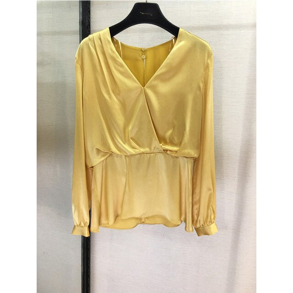 Silk fashion temperament V-neck long-sleeved top