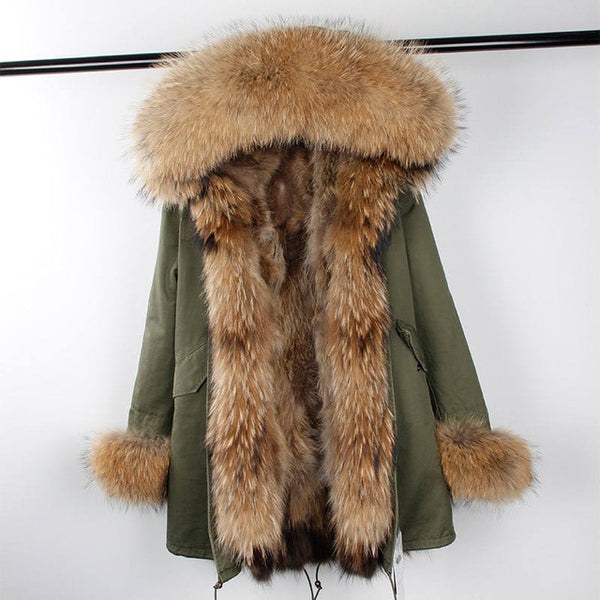 2019 New Winter Women Large Raccoon Fur Collar Hooded  Real Fox Fur Liner Coat Black Army Green Parkas  Outwear Winter Jacket