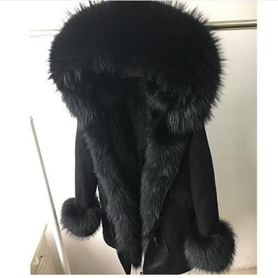 2019 New Winter Women Large Raccoon Fur Collar Hooded  Real Fox Fur Liner Coat Black Army Green Parkas  Outwear Winter Jacket