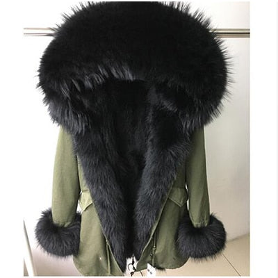 2019 New Winter Women Large Raccoon Fur Collar Hooded  Real Fox Fur Liner Coat Black Army Green Parkas  Outwear Winter Jacket
