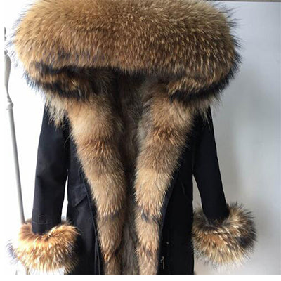 2019 New Winter Women Large Raccoon Fur Collar Hooded  Real Fox Fur Liner Coat Black Army Green Parkas  Outwear Winter Jacket