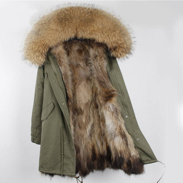 2019 New Winter Women Large Raccoon Fur Collar Hooded  Real Fox Fur Liner Coat Black Army Green Parkas  Outwear Winter Jacket