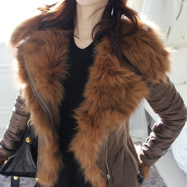 2019 New Women Winter Jacket Luxury Fox Fur Hooded Motorcycle PU Leather Jackets Short Outerwear Slim Streetwear Coat D256