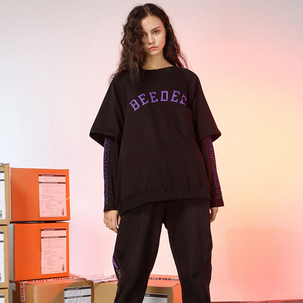 Fashion Fake 2 Piece Long Sleeve Spring Women Hoodie 2019 New Arrival BF Style Letter Print Harajuku Streetwear Sweatshirt