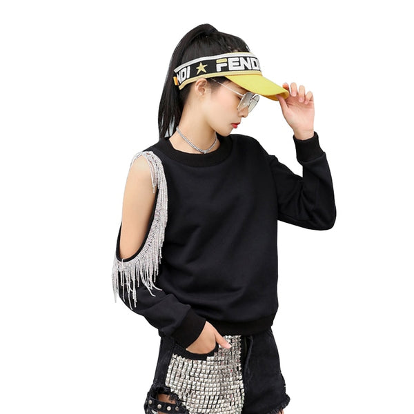 Fashion Sexy Off-shoulder Diamond Tassel Hoodie Women Clothes 2019 New Korean Spring Long Sleeve O-neck Sweatshirt Tide