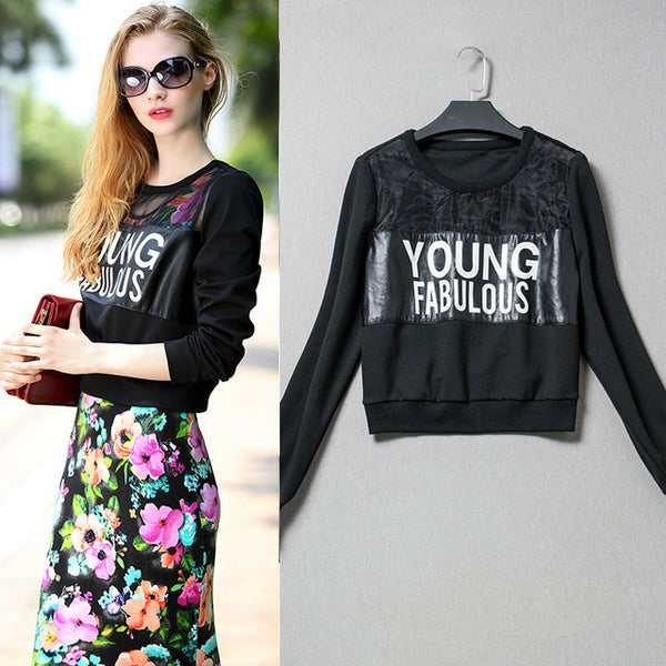 Fashion Women Hoodies Long Sleeve PU Leather Patchwork Casual Short Sweatshirts Pullovers,HH0029