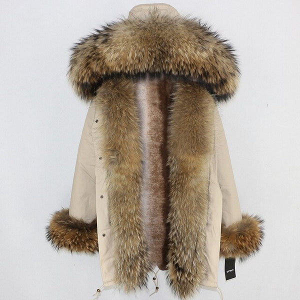 2019 Long Parkas Real Fur Parka Winter Jacket Coat Women Natural Silver Fox Fur Trim Hood Thick Warm Streetwear Detachable New