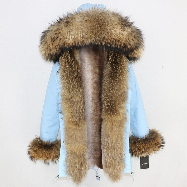2019 Long Parkas Real Fur Parka Winter Jacket Coat Women Natural Silver Fox Fur Trim Hood Thick Warm Streetwear Detachable New