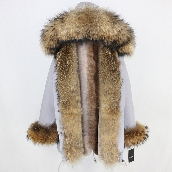 2019 Long Parkas Real Fur Parka Winter Jacket Coat Women Natural Silver Fox Fur Trim Hood Thick Warm Streetwear Detachable New