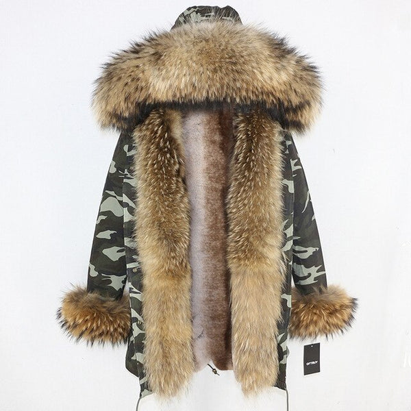 2019 Long Parkas Real Fur Parka Winter Jacket Coat Women Natural Silver Fox Fur Trim Hood Thick Warm Streetwear Detachable New